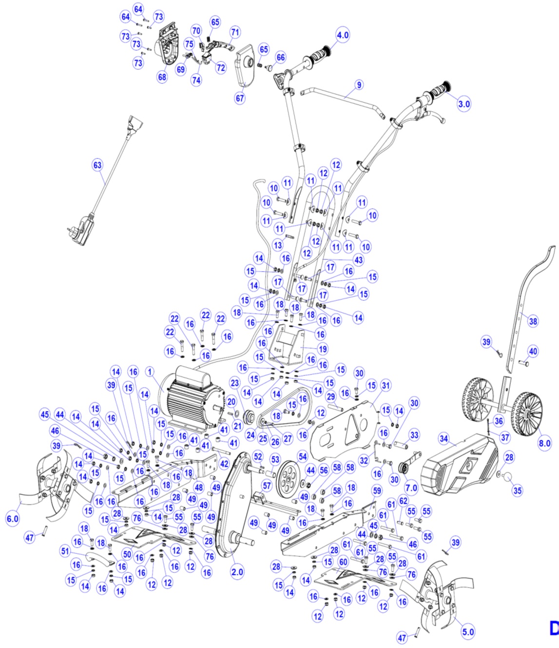 ЗАПЧАСТИ ДЛЯ КУЛЬТИВАТОРА ЭЛЕКТРИЧЕСКОГО ELITECH КБ 4E (ОБЩАЯ)